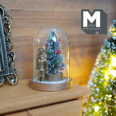 1:12 Scale Miniature Christmas Tree and Gold Toy Soldier in Glass Dome, 1-1/2 inch tall, Dollhouse Decor