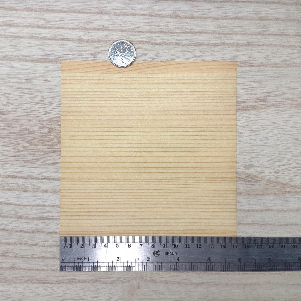 Miniature Douglas fir wood veneer sheet in warm honey amber with straight tightly spaced grain, 5-7/8 inch square