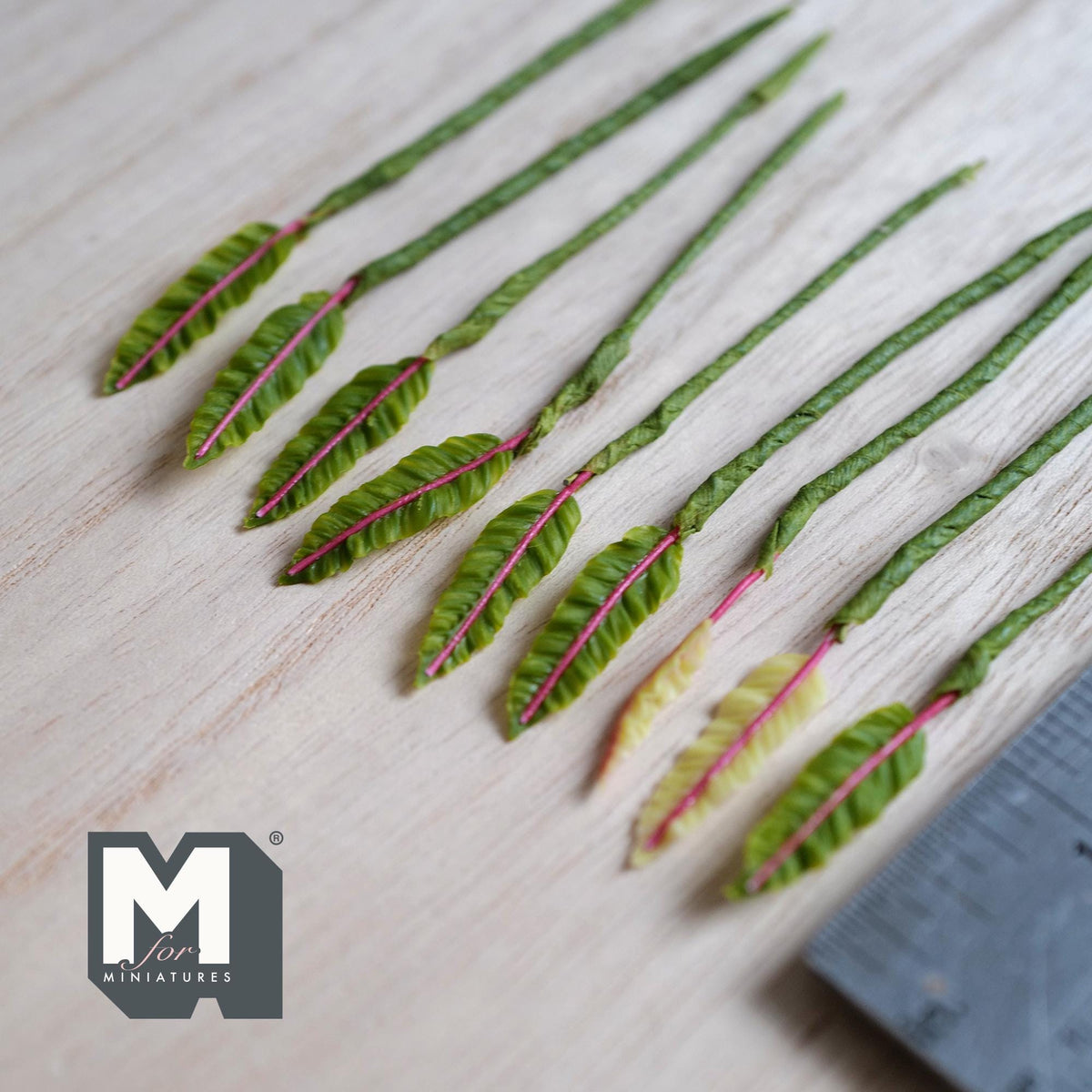 1:12 Scale Miniature Pink Vein Leaf Plant Stems, Set of 9, up to 3-3/8 inch long, DIY Dollhouse Supply