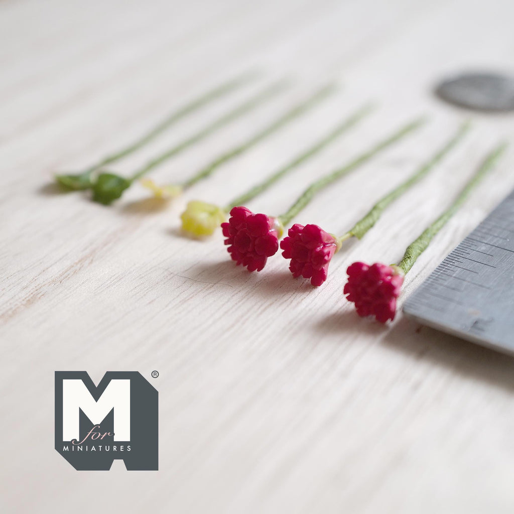 1:12 Scale Miniature Red Carnation Flower Stems with Leaves, Set of 7, up to 2-3/4 inch long, DIY Dollhouse Supply