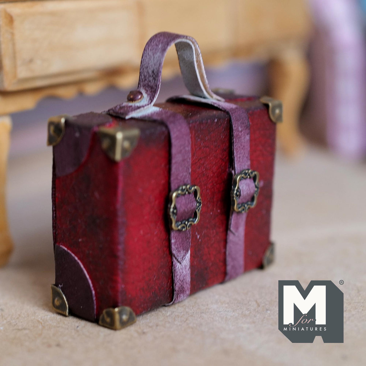 1:12 Scale Miniature Aged Faux Leather Suitcase, Buckle Straps, 8 Corner Caps, 1-7/8 inch wide, Dollhouse Decor (burgundy) (non opening)