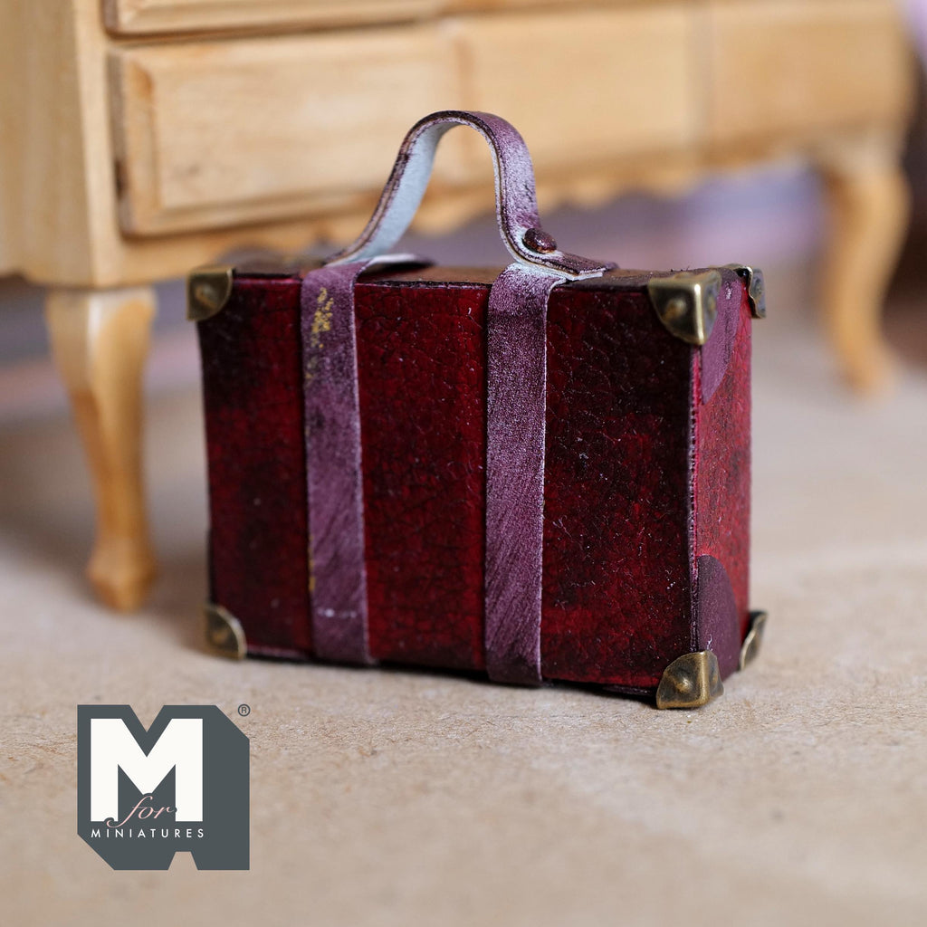 1:12 Scale Miniature Aged Faux Leather Suitcase, Buckle Straps, 8 Corner Caps, 1-7/8 inch wide, Dollhouse Decor (burgundy) (non opening)