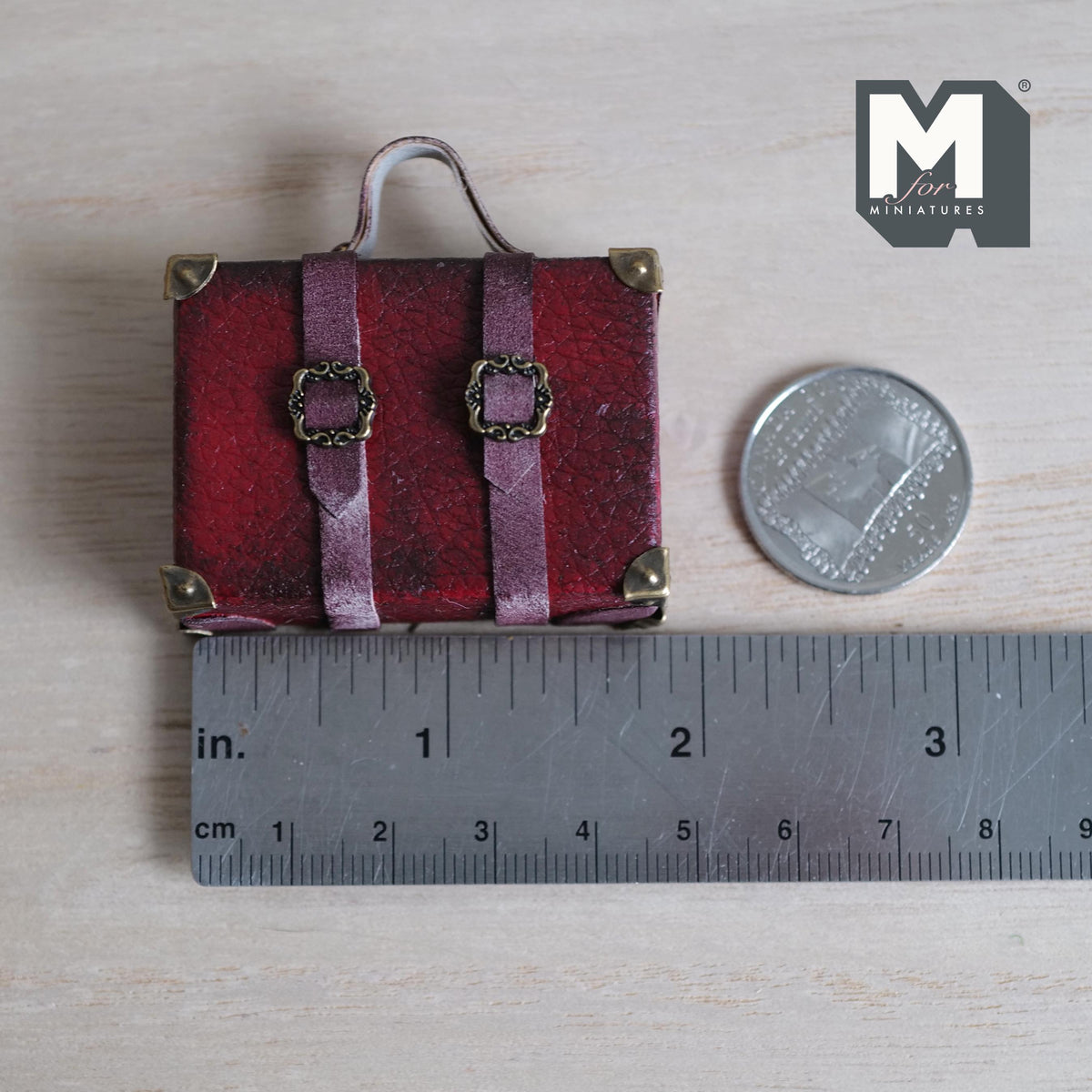 1:12 Scale Miniature Aged Faux Leather Suitcase, Buckle Straps, 8 Corner Caps, 1-7/8 inch wide, Dollhouse Decor (burgundy) (non opening)