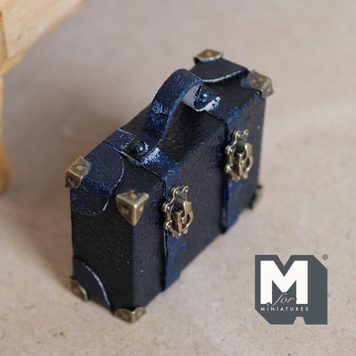 1:12 Scale Miniature Aged Faux Leather Suitcase, Latch Clasps, 8 Corner Caps, 1-7/8 inch wide, Dollhouse Decor (navy) (non opening)