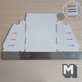 Unassembled 1:12 scale miniature 4 tier stepped display shelf kit in white wood, laid flat beside a ruler and coin, with an inset of the assembled shelf