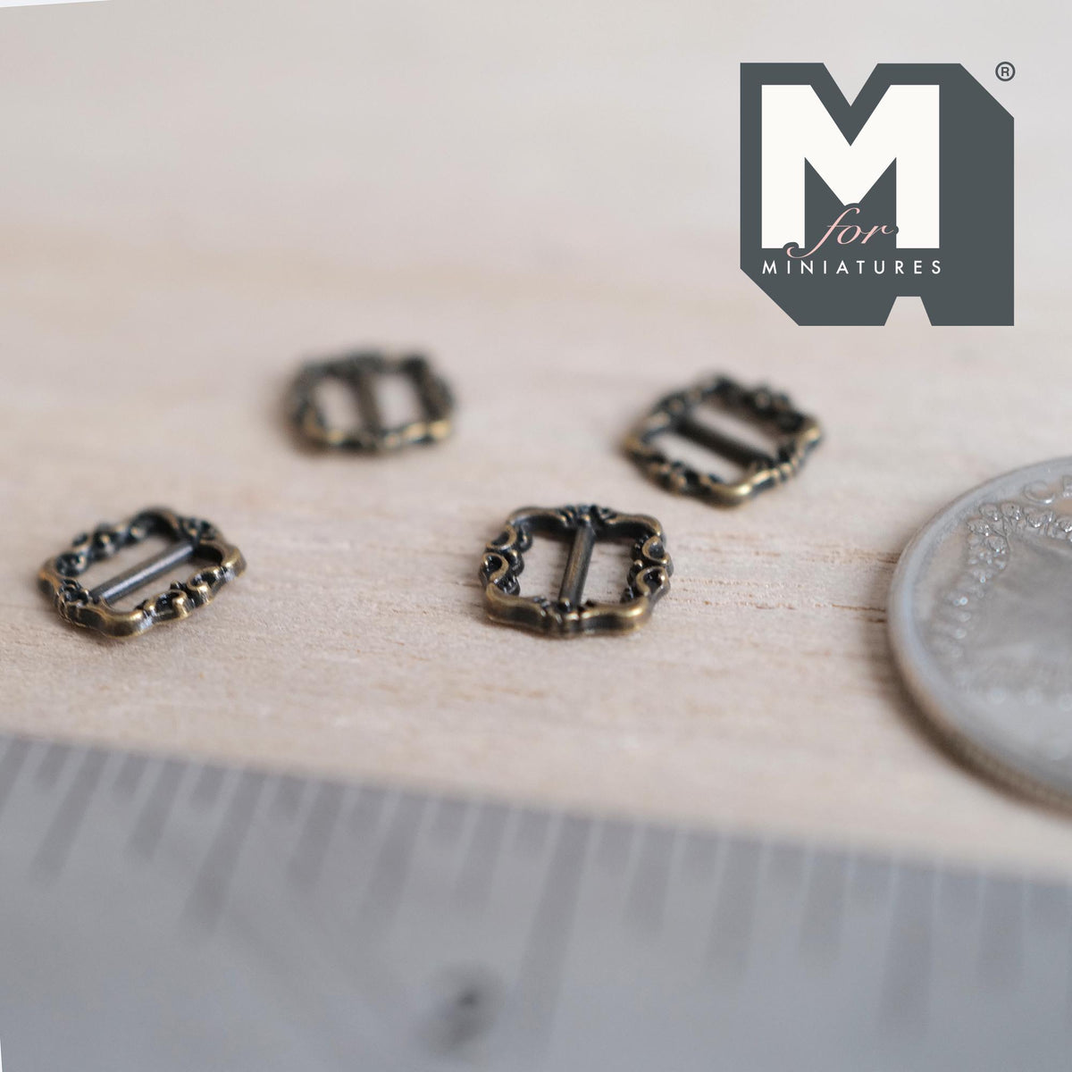 1:12 Scale Miniature Ornate Slide Buckles, Set of 4, 5/16 inch wide, DIY Dollhouse Supply (antique brass)