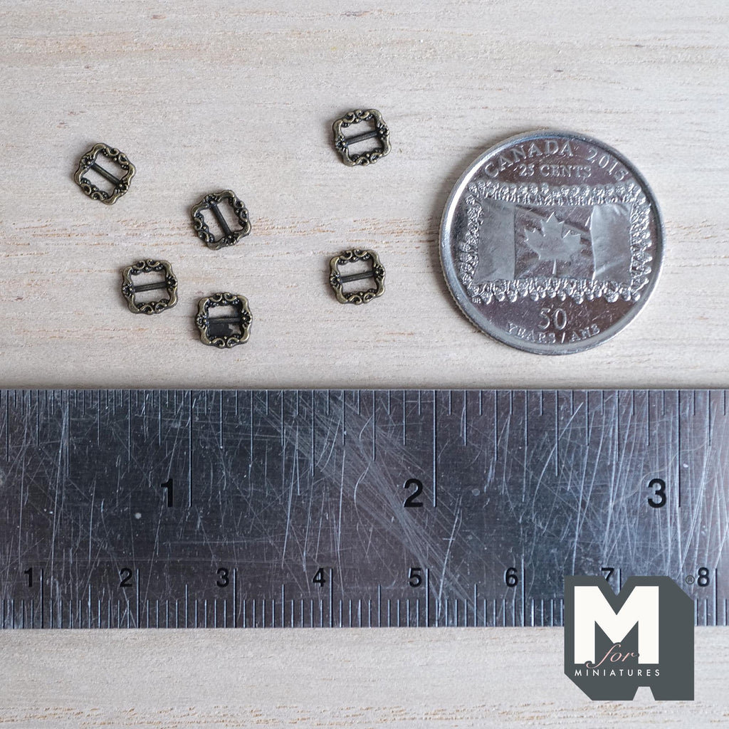 1:12 scale miniature antique brass ornate slide buckles, set of 6, small square frames with scrolled edges and a center bar