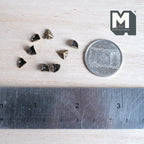 1:12 scale miniature antique brass metal box corner caps, set of 8, three sided with a raised dot on each face