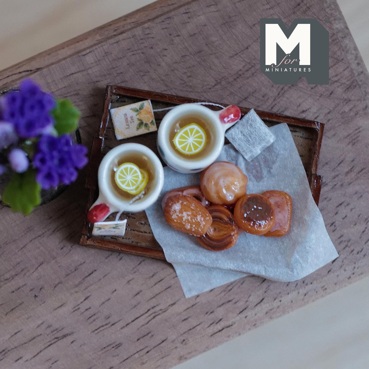 1:12 Scale Miniature Lemon Tea Tray Set with 2 Mugs and Cookies, 1-5/8 inch long, Dollhouse Decor (red and green polka dot)