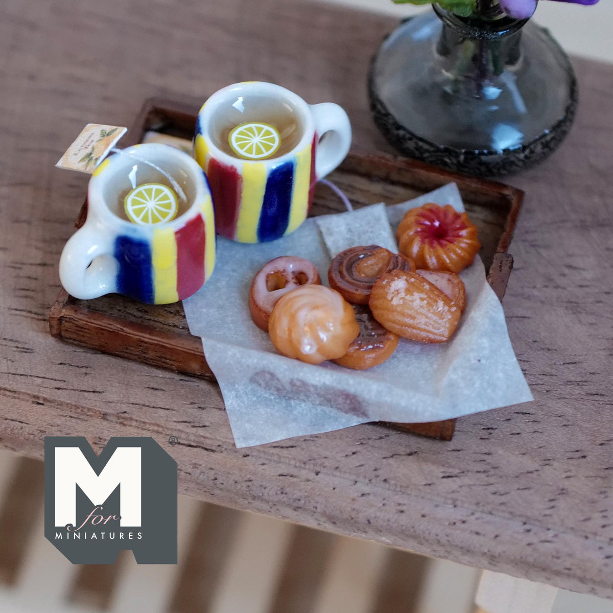 1:12 Scale Miniature Lemon Tea Tray Set with 2 Mugs and Cookies, 1-5/8 inch long, Dollhouse Decor (red, yellow and blue stripe)