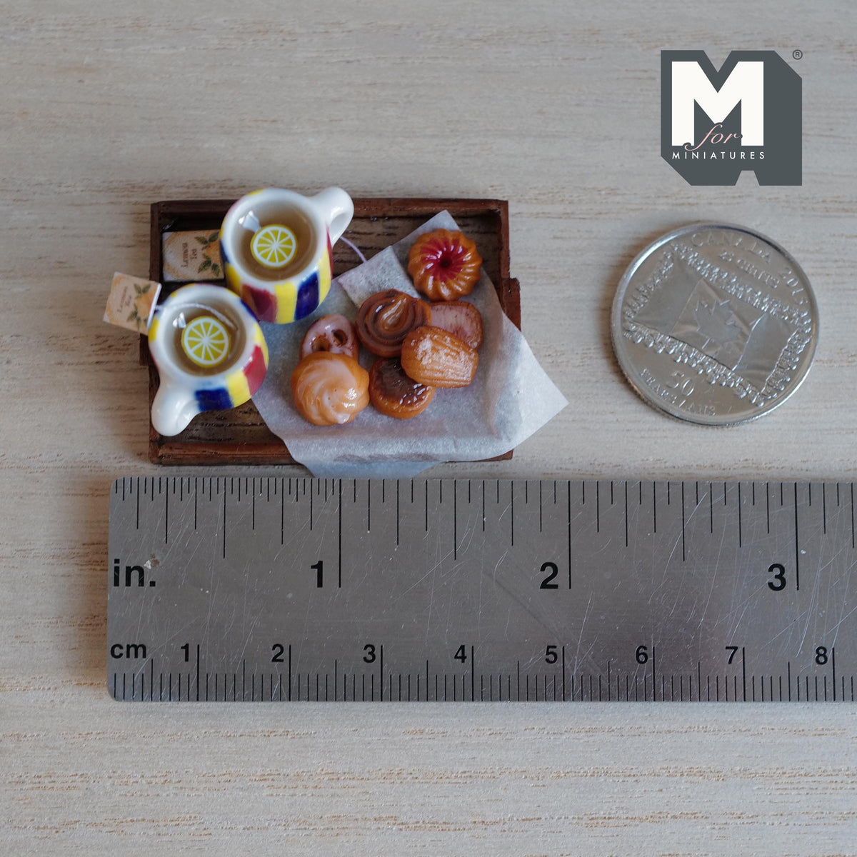 1:12 Scale Miniature Lemon Tea Tray Set with 2 Mugs and Cookies, 1-5/8 inch long, Dollhouse Decor (red, yellow and blue stripe)