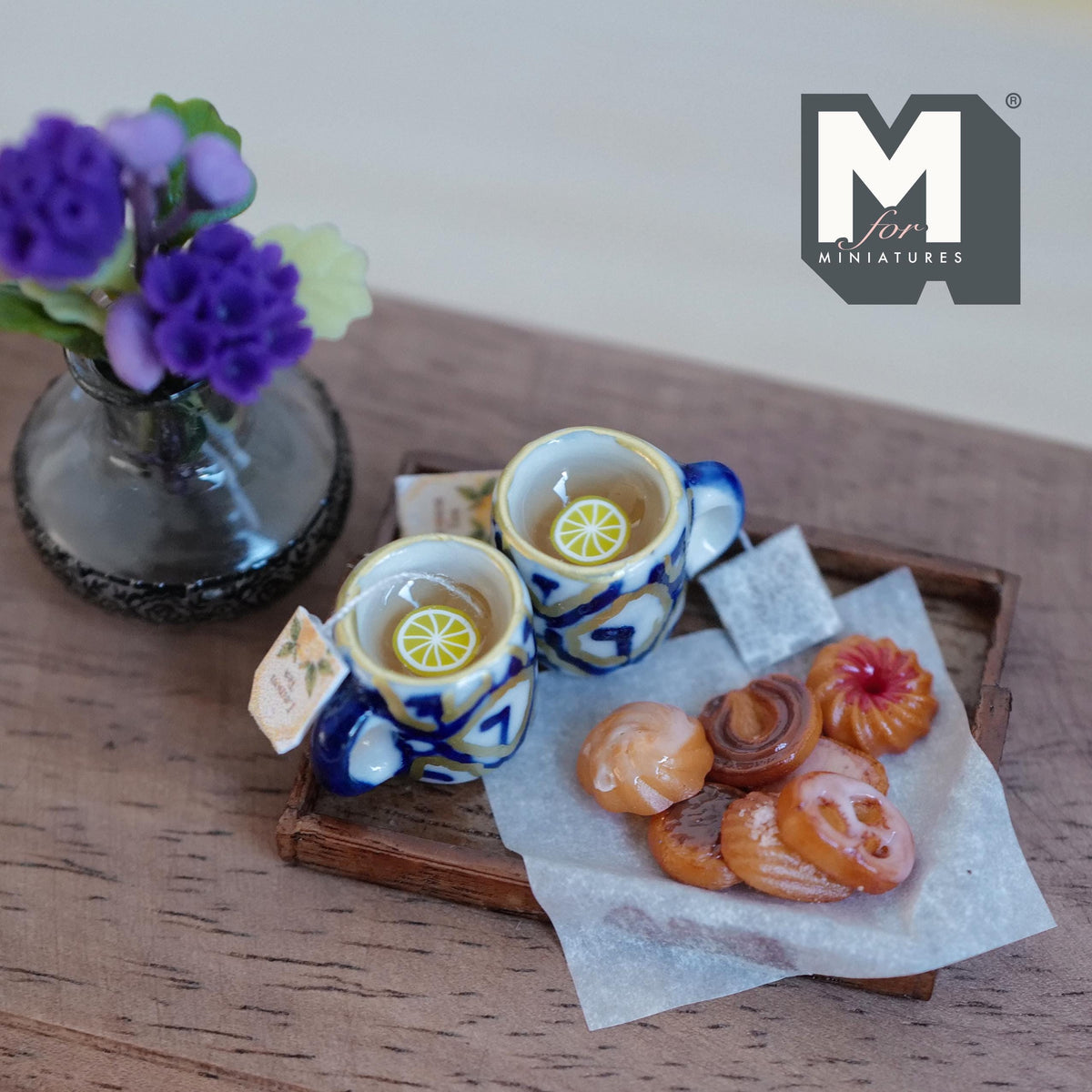 1:12 Scale Miniature Lemon Tea Tray Set with 2 Mugs and Cookies, 1-5/8 inch long, Dollhouse Decor (blue and white)