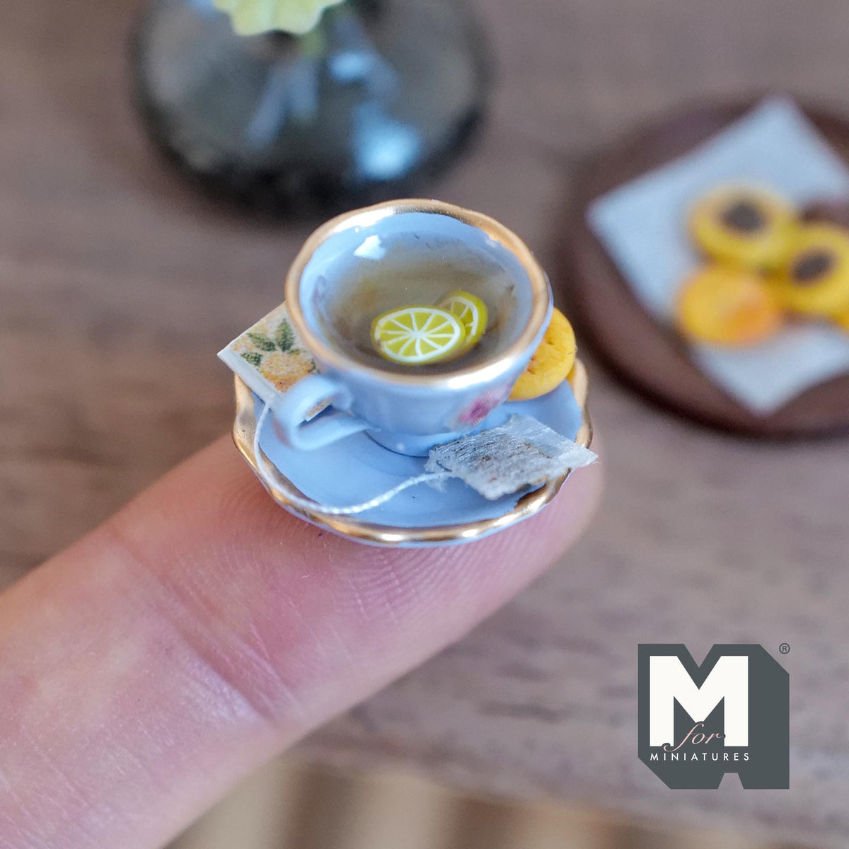 1:12 Scale Miniature Lemon Tea Cup and Saucer with Cookie, 3/4 inch dia., Dollhouse Decor (purple)
