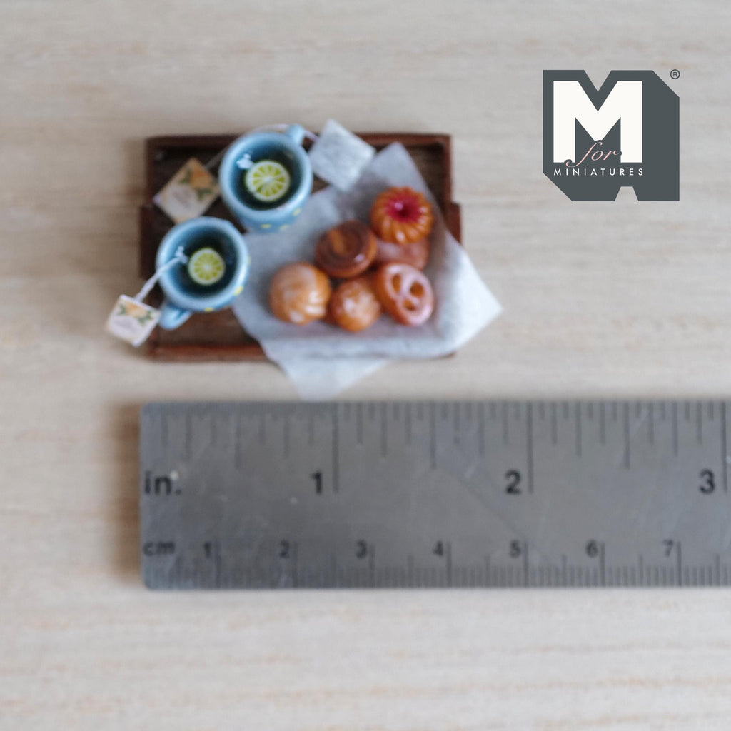 1:12 Scale Miniature Lemon Tea Tray Set with 2 Mugs and Cookies, 1-5/8 inch long, Dollhouse Decor (blue and yellow polka dot)