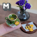 1:12 Scale Miniature Lemon Tea Cup and Saucer with Cookie, 3/4 inch dia., Dollhouse Decor (green polka dot)