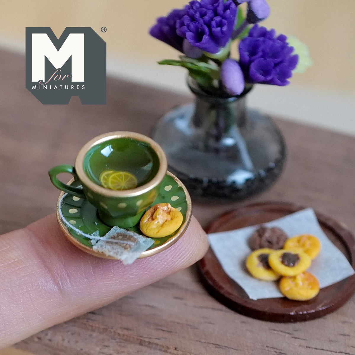 1:12 Scale Miniature Lemon Tea Cup and Saucer with Cookie, 3/4 inch dia., Dollhouse Decor (green polka dot)