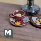 1:12 Scale Miniature Lemon Tea Cup and Saucer with Cookie, 3/4 inch dia., Dollhouse Decor (burgundy polka dot)