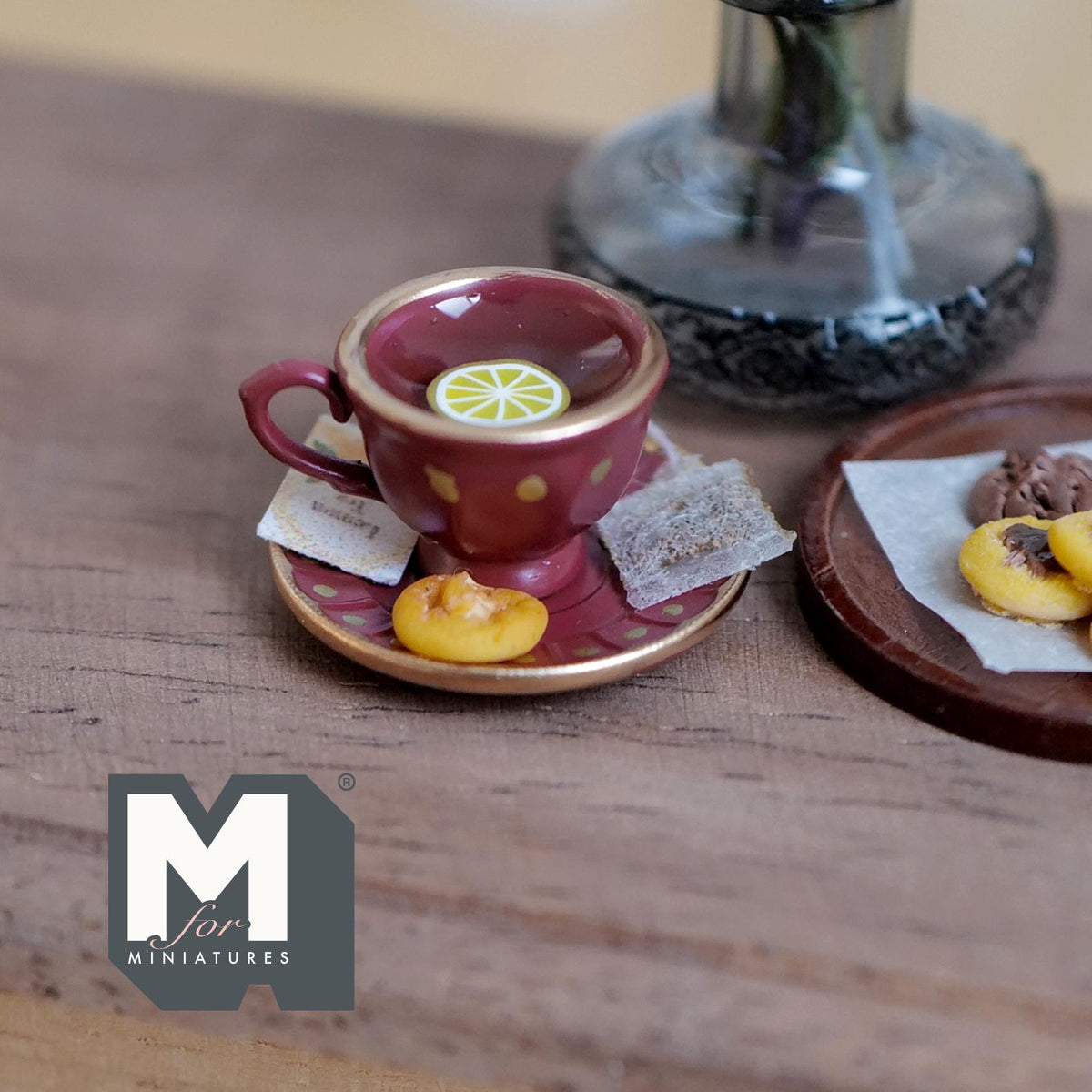 1:12 Scale Miniature Lemon Tea Cup and Saucer with Cookie, 3/4 inch dia., Dollhouse Decor (burgundy polka dot)