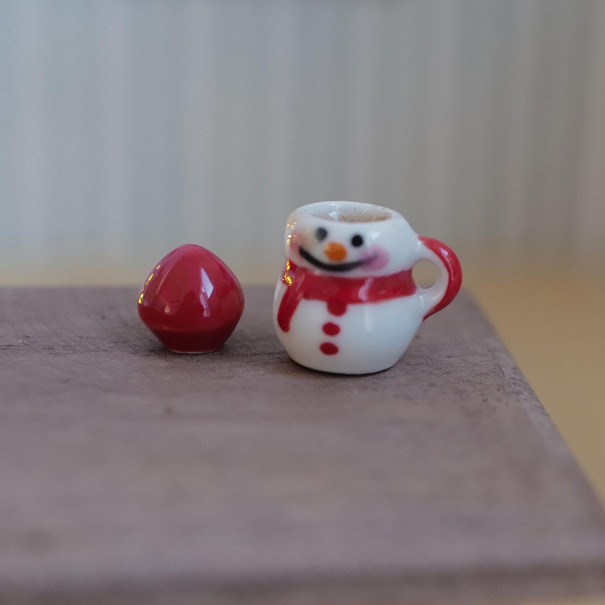 1:12 Scale Miniature Christmas Snowman Mug with Hot Chocolate and Cone Hat Lid, 13/16 inch tall, Dollhouse Decor (red) (non edible)