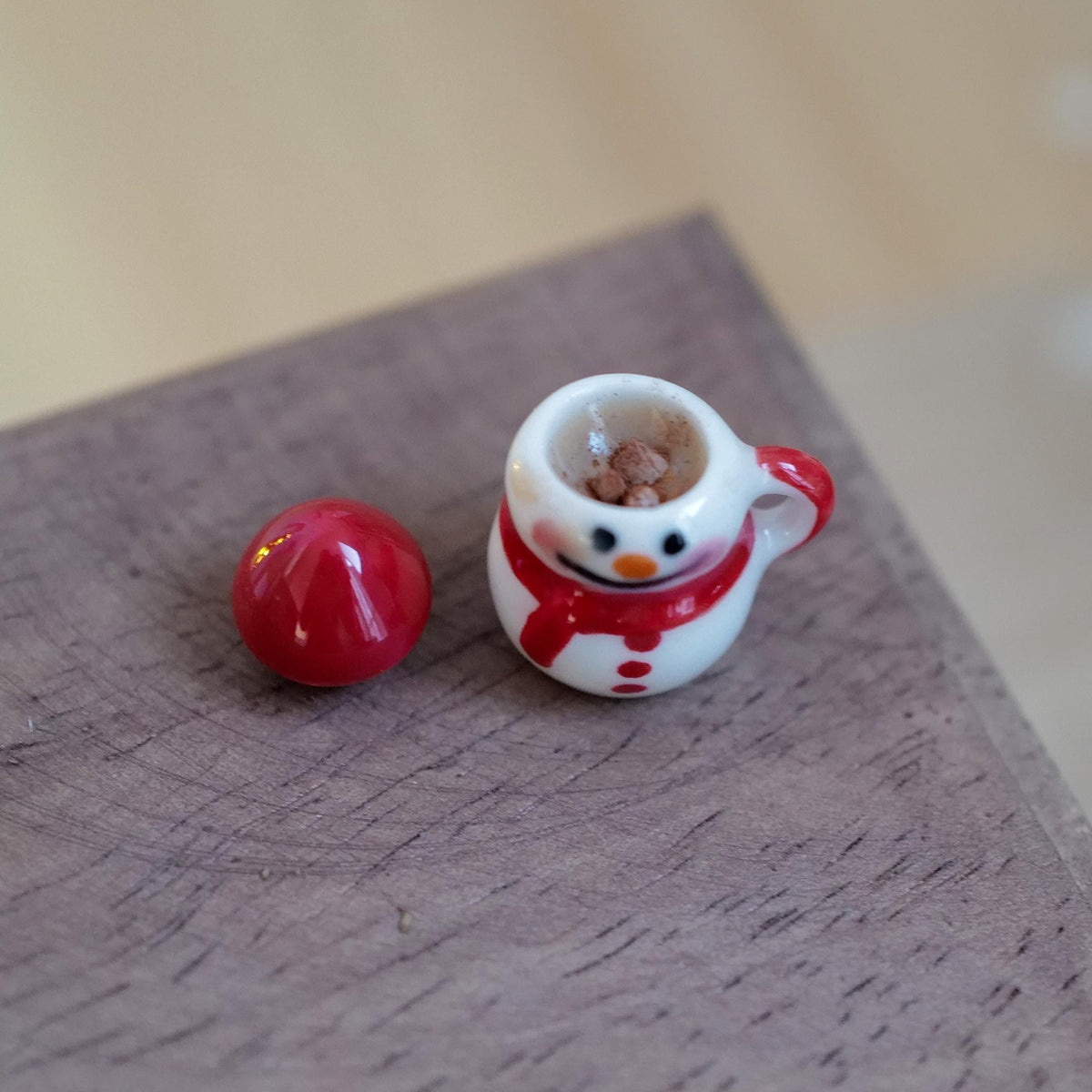 1:12 Scale Miniature Christmas Snowman Mug with Hot Chocolate and Cone Hat Lid, 13/16 inch tall, Dollhouse Decor (red) (non edible)