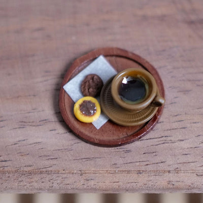 1:12 Scale Miniature Cup of Black Coffee with Crema, Saucer, 2 Cookies and Tray, 1 inch dia., Dollhouse Decor (dark brown) (non edible)