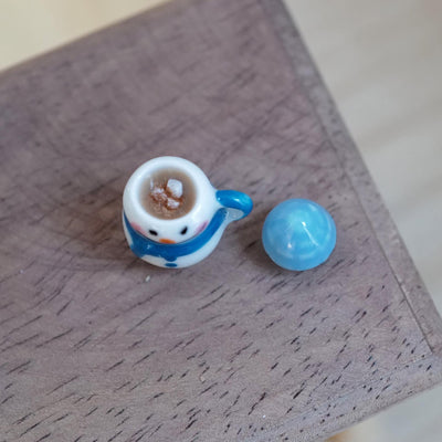 1:12 Scale Miniature Christmas Snowman Mug with Hot Chocolate and Cone Hat Lid, 13/16 inch tall, Dollhouse Decor (blue) (non edible)