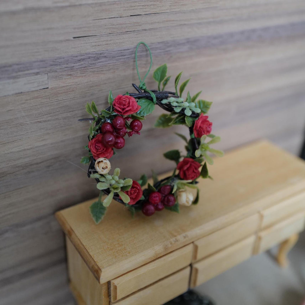 1:12 Scale Miniature Red Rose and Berry Wreath, 2-1/8 inch dia., Dollhouse Decor