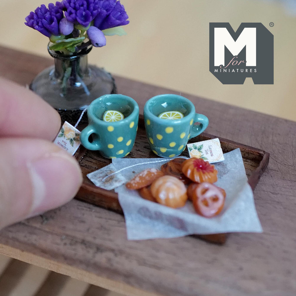 1:12 Scale Miniature Lemon Tea Tray Set with 2 Mugs and Cookies, 1-5/8 inch long, Dollhouse Decor (teal and yellow polka dot)