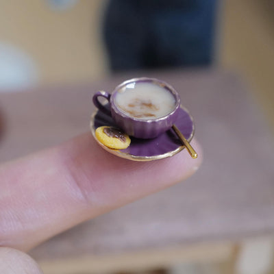 1:12 Scale Miniature Coffee Cup and Saucer with Stirring Spoon and Cookie, 3/4 inch dia., Dollhouse Decor (purple) (large) (non edible)