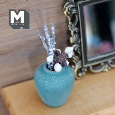 1:12 Scale Miniature Clay Plum Shaped Vase with Silver Stems and White Berries, Weathered, 1-5/8 inch tall, Dollhouse Decor (teal)