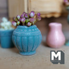 1:12 Scale Miniature Clay Potted Plant, Weathered Urn Shaped Pot with Flower Buds, 1-1/8 inch dia., Dollhouse Decor (teal)