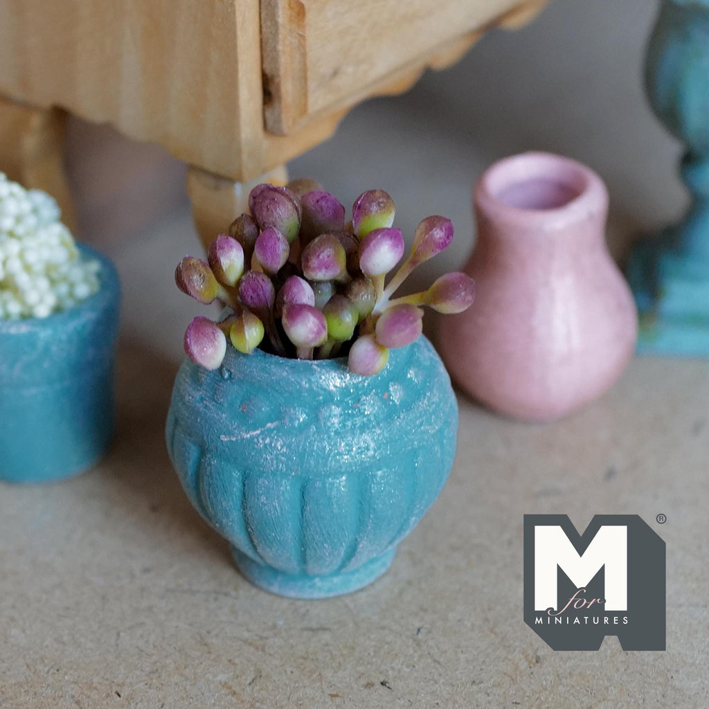 1:12 Scale Miniature Clay Potted Plant, Weathered Urn Shaped Pot with Flower Buds, 1-1/8 inch dia., Dollhouse Decor (teal)