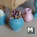 1:12 Scale Miniature Clay Potted Plant, Weathered Urn Shaped Pot with Flower Buds, 1-1/8 inch dia., Dollhouse Decor (teal)