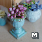 1:12 Scale Miniature Ceramic Potted Plant, Weathered Roman Style Pedestal Urn with Flower Buds, 2-1/16 inch tall, Dollhouse Decor (teal)