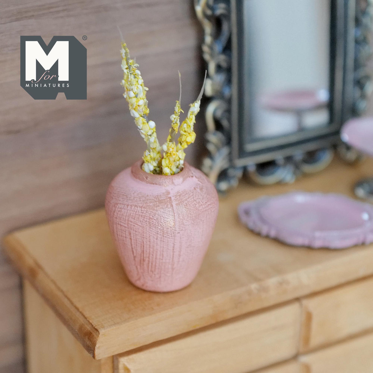 Miniatura in scala 1:12 vaso di argilla a forma di prugna con steli d'erba secca, invecchiato, alto 2-1/16 inch, decorazione per casa delle bambole (rosa)
