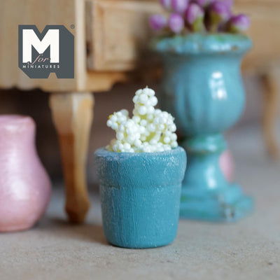 1:12 Scale Miniature Clay Potted Plant, Weathered Tapered Pot with White Flowers, 1-5/16 inch tall, Dollhouse Decor (teal)