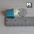 1:12 Scale Miniature Clay Potted Plant, Weathered Tapered Pot with White Flowers, 1-5/16 inch tall, Dollhouse Decor (teal)