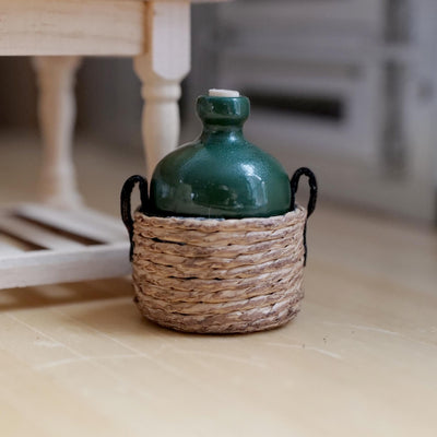 1:12 Scale Miniature Wood Carboy Jug in Rope Basket with Faux Leather Handles, 1-9/16 inch tall, Dollhouse Decor (green)