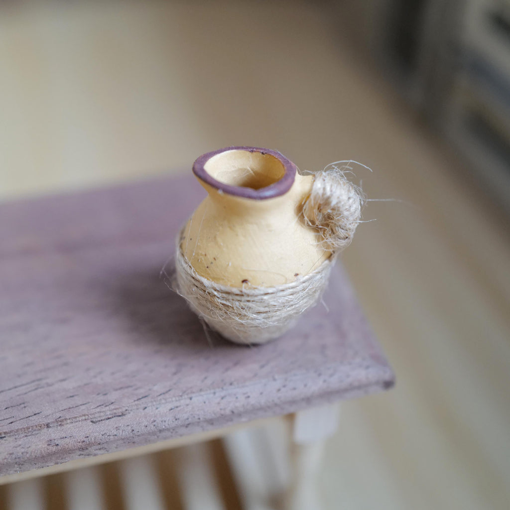 1:12 Scale Miniature Clay Pitcher with Brown Rim, Wrapped in Jute Twine, 1-3/16 inch tall, Dollhouse Decor (beige)