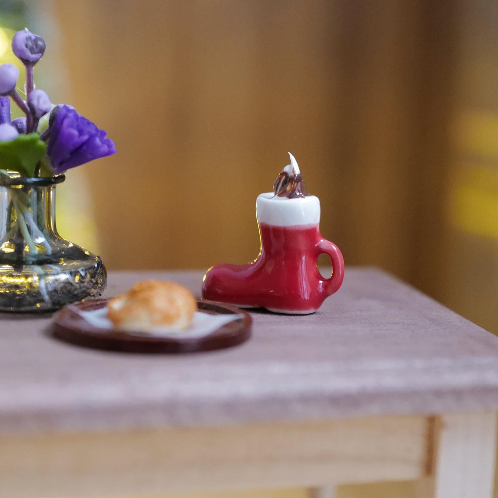 1:12 Scale Miniature Ceramic Santa Boot Mug with Whipped Cream and Chocolate Fudge, 13/16 inch tall, Dollhouse Decor (non edible)