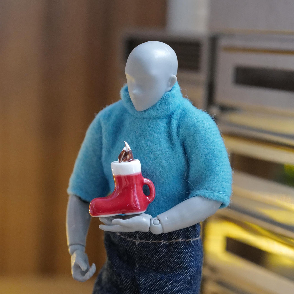 1:12 Scale Miniature Ceramic Santa Boot Mug with Whipped Cream and Chocolate Fudge, 13/16 inch tall, Dollhouse Decor (non edible)