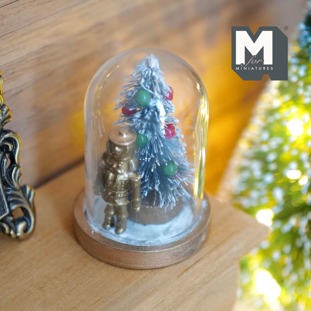 1:12 Scale Miniature Christmas Tree and Gold Toy Soldier in Glass Dome, 1-1/2 inch tall, Dollhouse Decor
