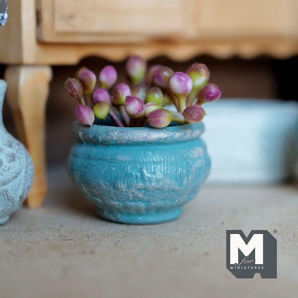 Miniatura a escala 1:12 de planta en maceta de barro, maceta redonda envejecida con capullos rosas, 1-1/4 inch de diámetro, decoración para casa de muñecas (turquesa)