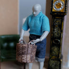 1:12 Scale Miniature Woven Blanket Basket with Linen Lining and Loop Handles, 1-9/16 inch tall, Dollhouse Decor (dark brown)