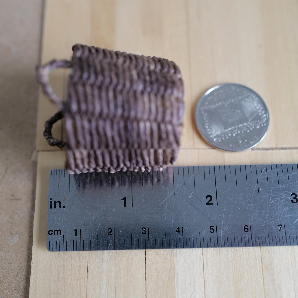 1:12 Scale Miniature Woven Blanket Basket with Linen Lining and Loop Handles, 1-9/16 inch tall, Dollhouse Decor (dark brown)