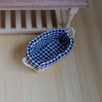1:12 Scale Miniature Oval Woven Basket with Navy Gingham Lining and Loop Handles, 2-3/16 inch long, Dollhouse Decor