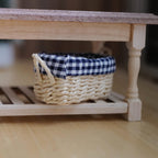 1:12 Scale Miniature Oval Woven Basket with Navy Gingham Lining and Loop Handles, 2-3/16 inch long, Dollhouse Decor
