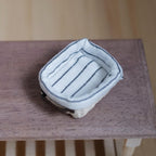 1:12 Scale Miniature Rectangular Woven Bread Basket with Striped Linen Lining and Faux Leather Handles, 1-5/8 inch long, Dollhouse Decor