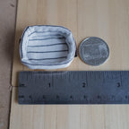 1:12 Scale Miniature Rectangular Woven Bread Basket with Striped Linen Lining and Faux Leather Handles, 1-5/8 inch long, Dollhouse Decor