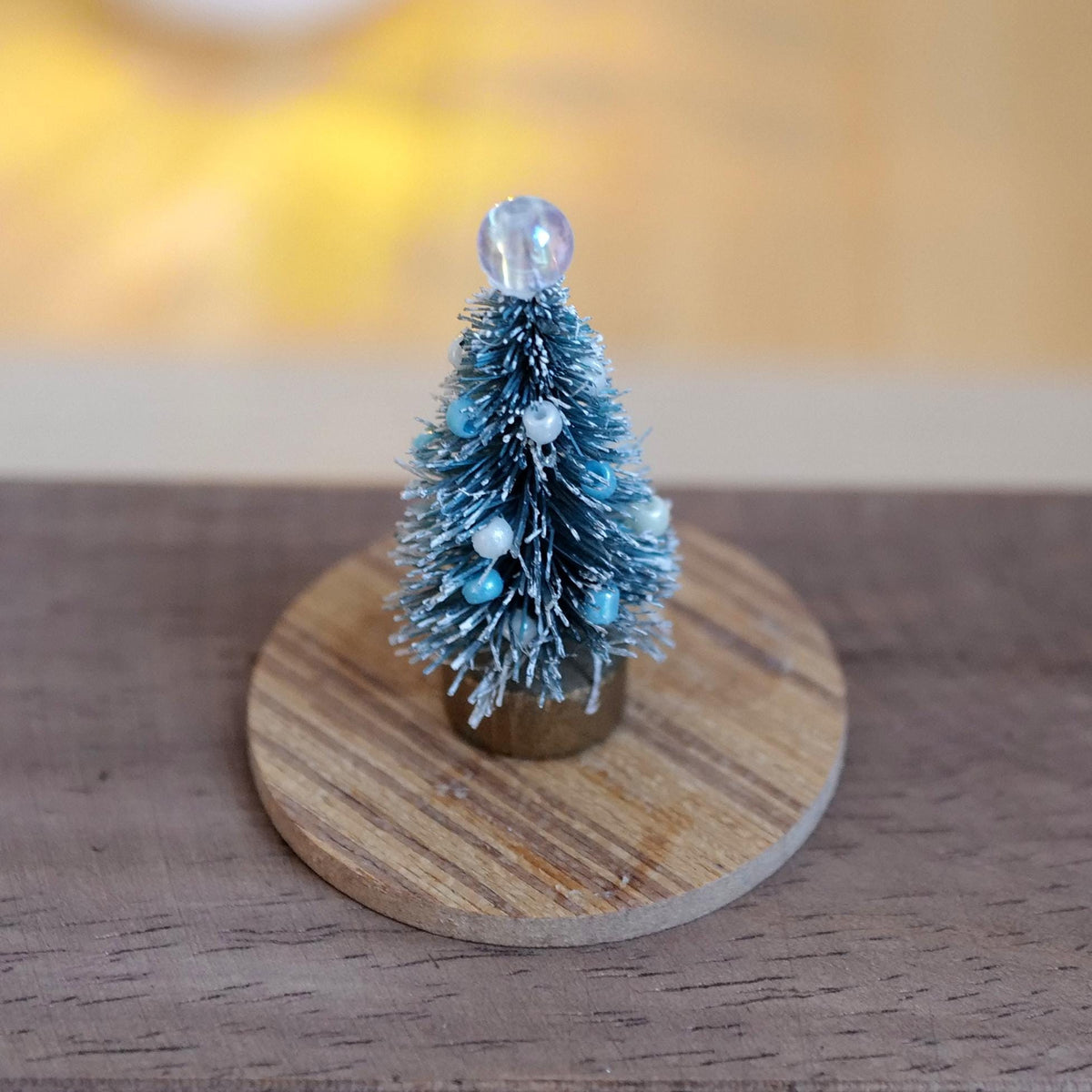 1:12 Scale Miniature Frosted Christmas Tree with Blue and White Beads and Clear Bead Topper, 1-9/16 inch tall, Dollhouse Decor